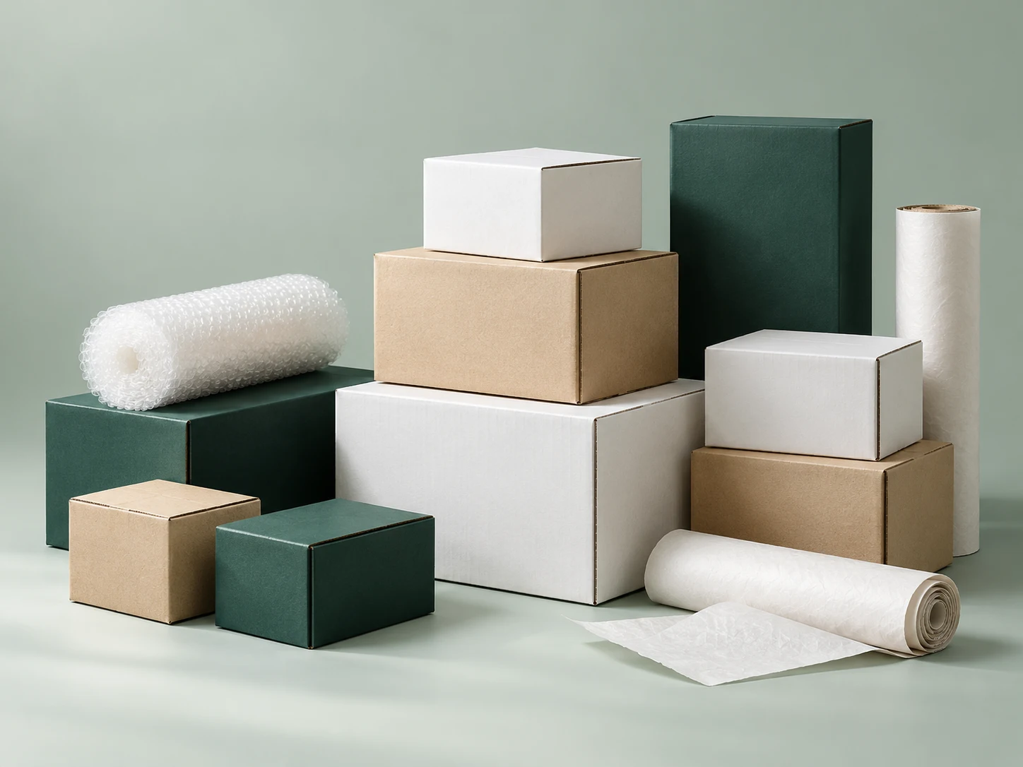 Neatly organized white, kraft, and forest-green product cartons and packing materials